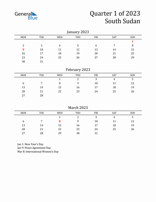 Quarter 1 2023 South Sudan Quarterly Calendar