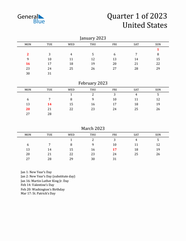 Quarter 1 2023 United States Quarterly Calendar