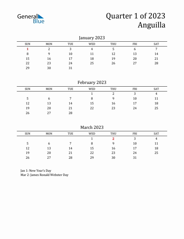 Quarter 1 2023 Anguilla Quarterly Calendar