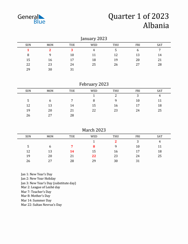 Quarter 1 2023 Albania Quarterly Calendar