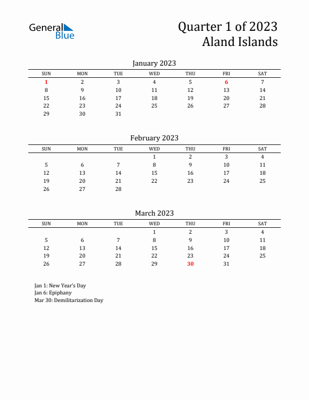 Quarter 1 2023 Aland Islands Quarterly Calendar