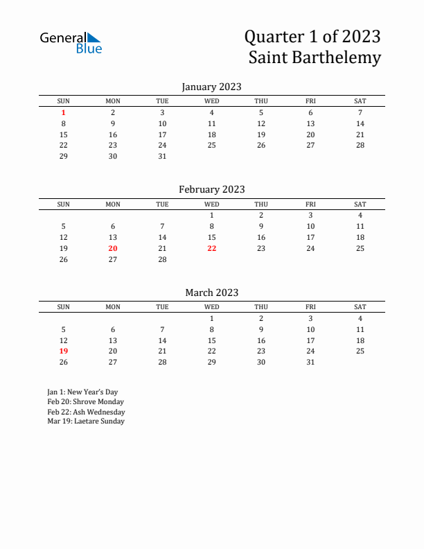 Quarter 1 2023 Saint Barthelemy Quarterly Calendar