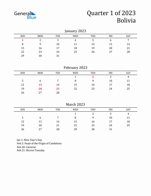 Quarter 1 2023 Bolivia Quarterly Calendar