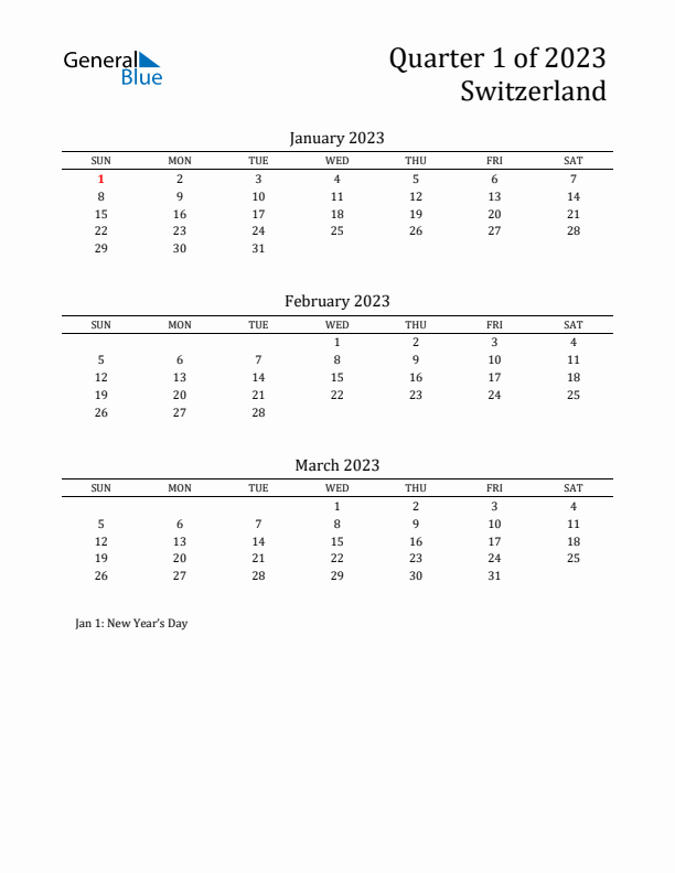 Quarter 1 2023 Switzerland Quarterly Calendar