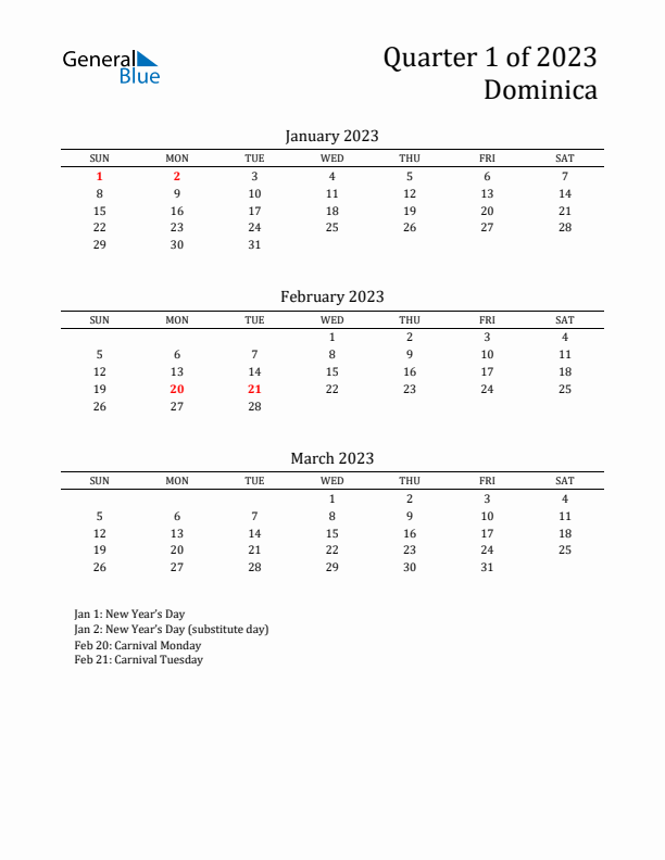 Quarter 1 2023 Dominica Quarterly Calendar