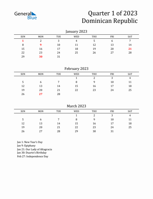 Quarter 1 2023 Dominican Republic Quarterly Calendar