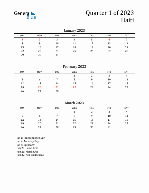 Quarter 1 2023 Haiti Quarterly Calendar