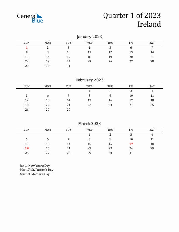 Quarter 1 2023 Ireland Quarterly Calendar