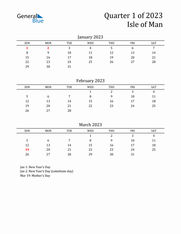 Quarter 1 2023 Isle of Man Quarterly Calendar