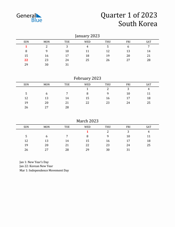 Quarter 1 2023 South Korea Quarterly Calendar