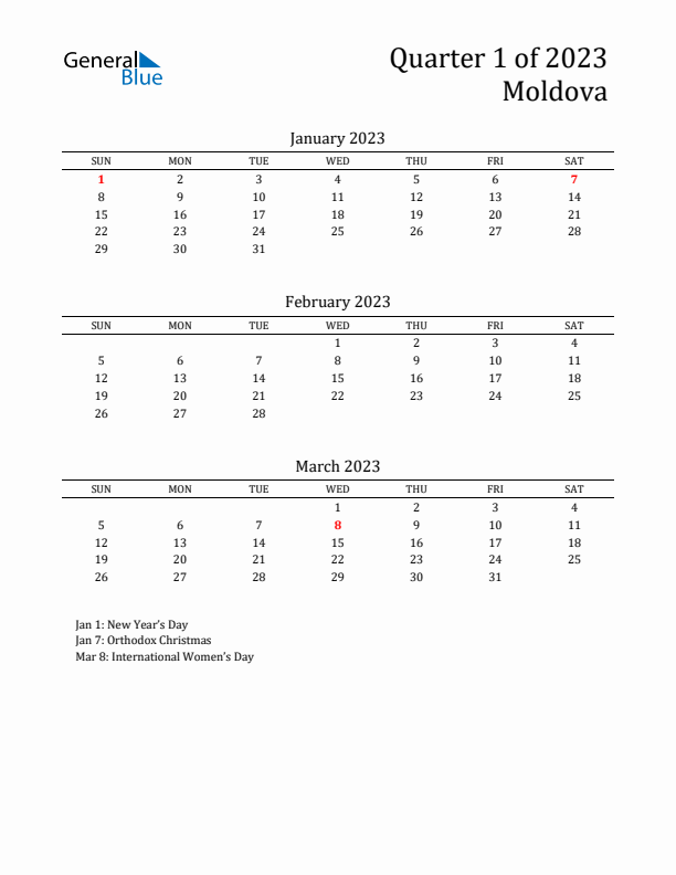 Quarter 1 2023 Moldova Quarterly Calendar