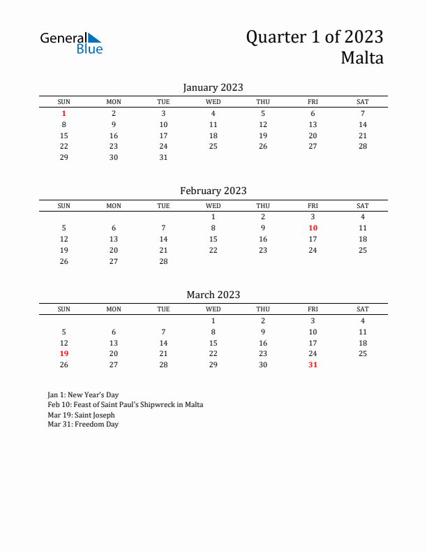 Quarter 1 2023 Malta Quarterly Calendar