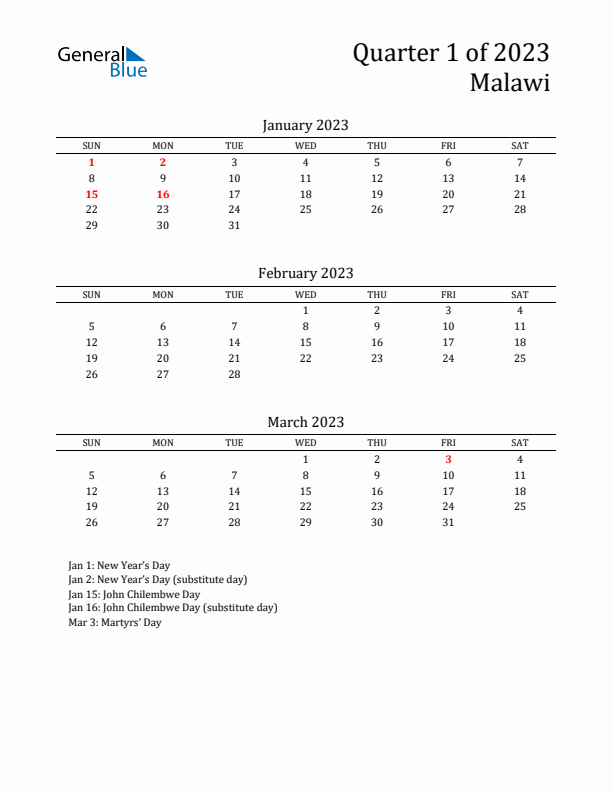 Quarter 1 2023 Malawi Quarterly Calendar