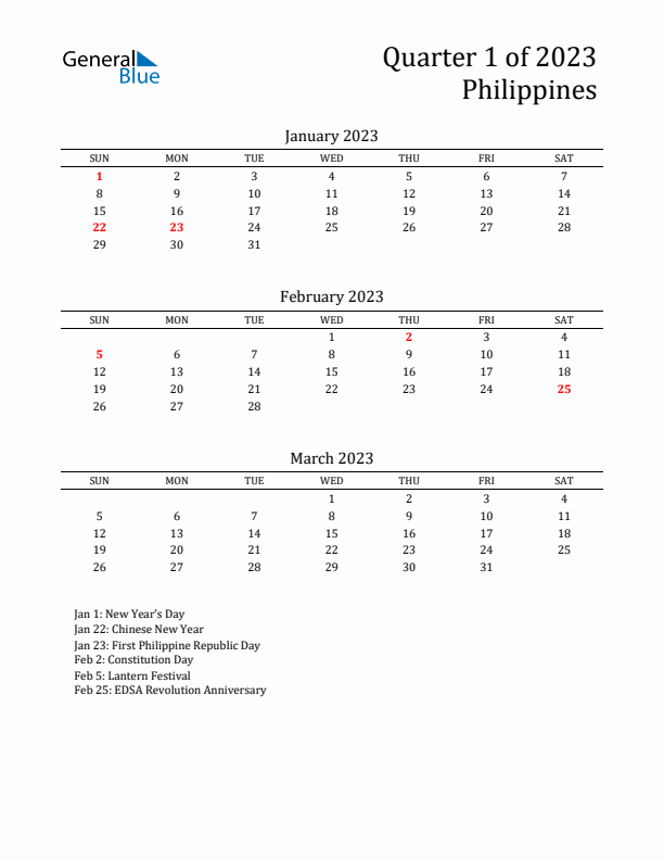 Quarter 1 2023 Philippines Quarterly Calendar