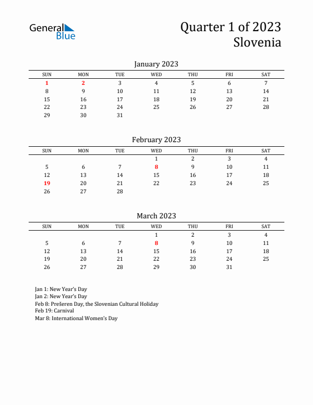 Quarter 1 2023 Slovenia Quarterly Calendar