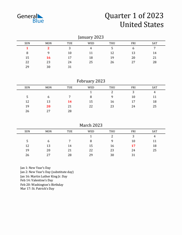 Quarter 1 2023 United States Quarterly Calendar