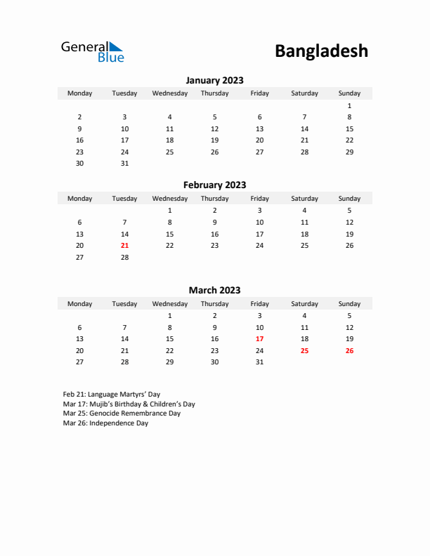 Printable Quarterly Calendar with Notes and Bangladesh Holidays- Q1 of 2023