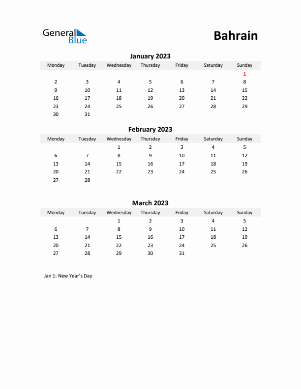 Printable Quarterly Calendar with Notes and Bahrain Holidays- Q1 of 2023