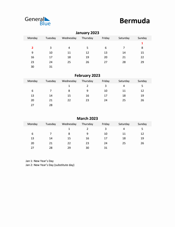 Printable Quarterly Calendar with Notes and Bermuda Holidays- Q1 of 2023