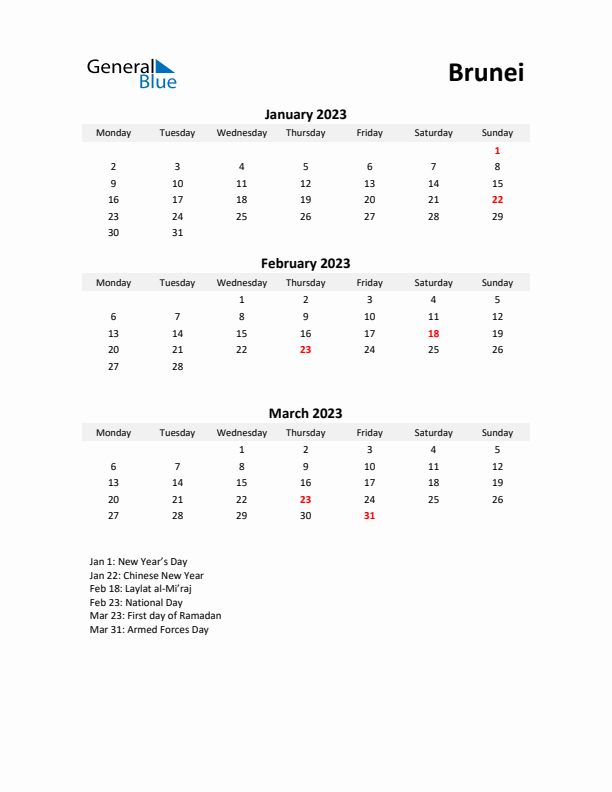 Printable Quarterly Calendar with Notes and Brunei Holidays- Q1 of 2023