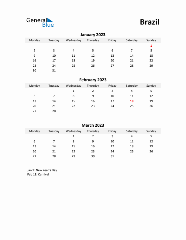 Printable Quarterly Calendar with Notes and Brazil Holidays- Q1 of 2023