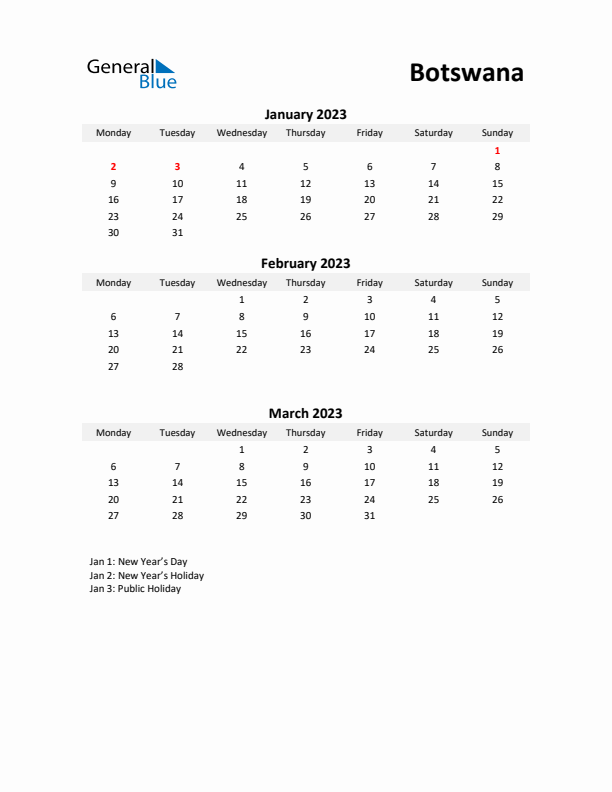 Printable Quarterly Calendar with Notes and Botswana Holidays- Q1 of 2023