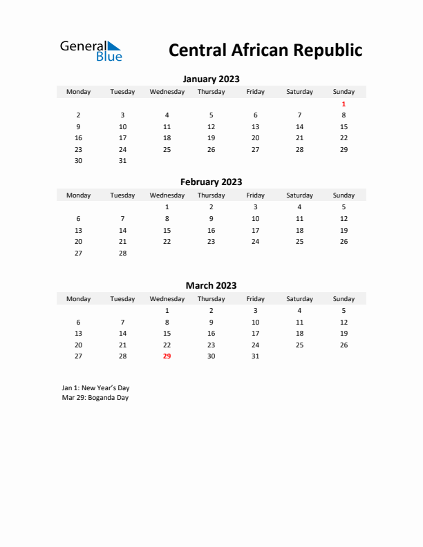 Printable Quarterly Calendar with Notes and Central African Republic Holidays- Q1 of 2023