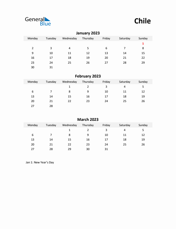 Printable Quarterly Calendar with Notes and Chile Holidays- Q1 of 2023