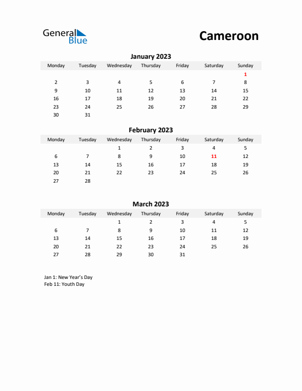 Printable Quarterly Calendar with Notes and Cameroon Holidays- Q1 of 2023