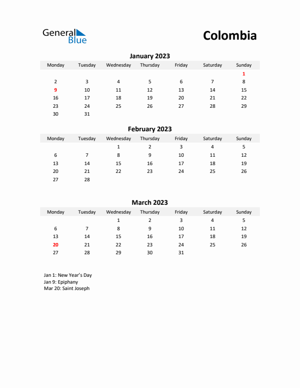 Printable Quarterly Calendar with Notes and Colombia Holidays- Q1 of 2023