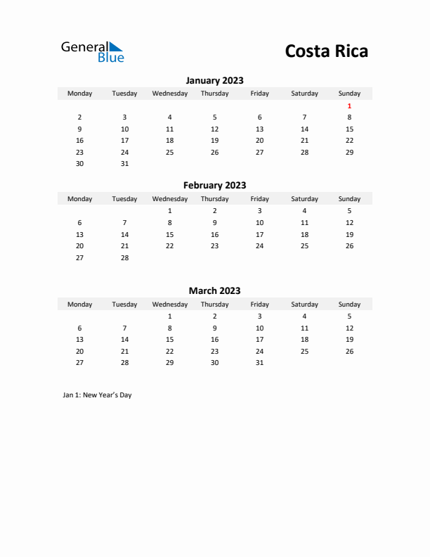 Printable Quarterly Calendar with Notes and Costa Rica Holidays- Q1 of 2023