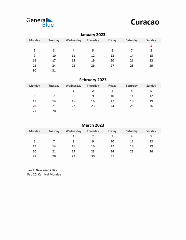 Printable Quarterly Calendar with Notes and Curacao Holidays- Q1 of 2023