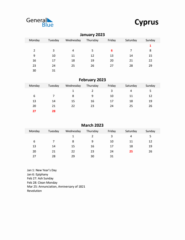 Printable Quarterly Calendar with Notes and Cyprus Holidays- Q1 of 2023