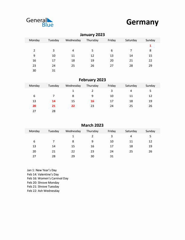 Printable Quarterly Calendar with Notes and Germany Holidays- Q1 of 2023