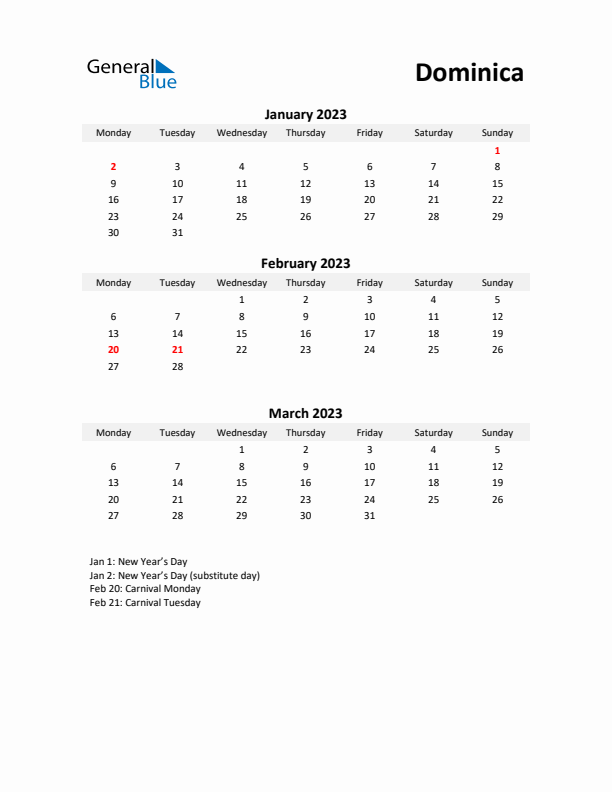 Printable Quarterly Calendar with Notes and Dominica Holidays- Q1 of 2023