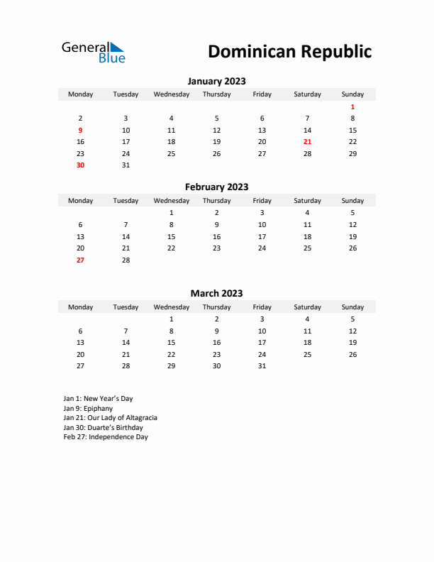 Printable Quarterly Calendar with Notes and Dominican Republic Holidays- Q1 of 2023