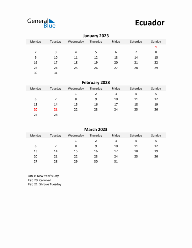 Printable Quarterly Calendar with Notes and Ecuador Holidays- Q1 of 2023