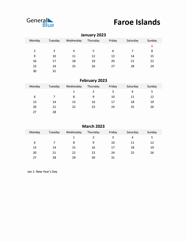 Printable Quarterly Calendar with Notes and Faroe Islands Holidays- Q1 of 2023