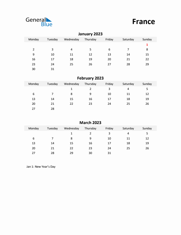 Printable Quarterly Calendar with Notes and France Holidays- Q1 of 2023