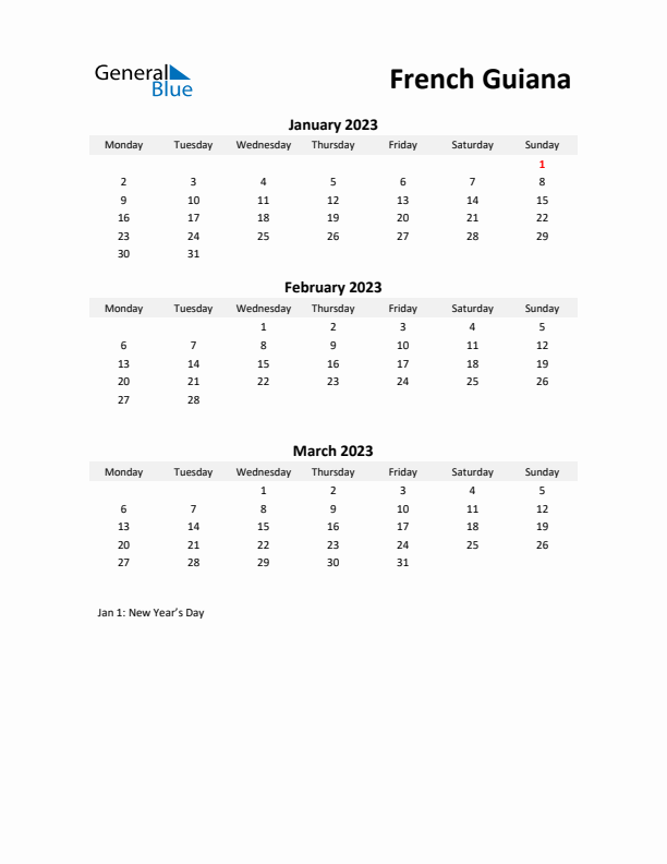 Printable Quarterly Calendar with Notes and French Guiana Holidays- Q1 of 2023