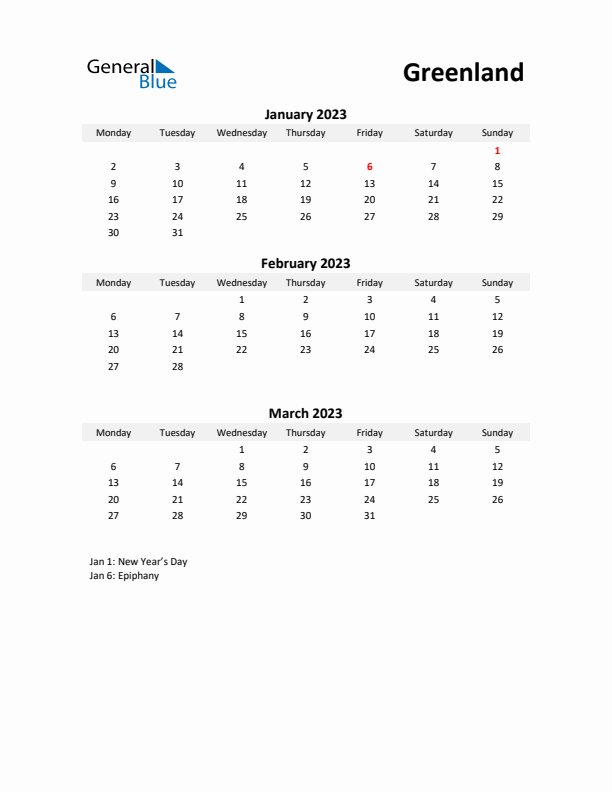 Printable Quarterly Calendar with Notes and Greenland Holidays- Q1 of 2023