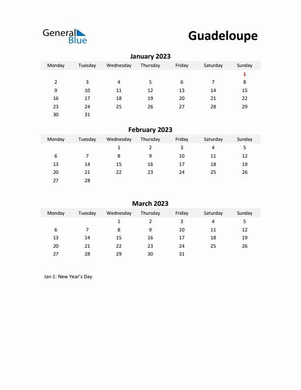 Printable Quarterly Calendar with Notes and Guadeloupe Holidays- Q1 of 2023