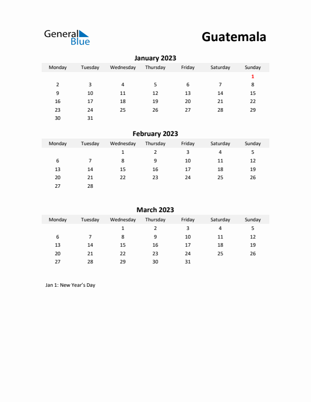 Printable Quarterly Calendar with Notes and Guatemala Holidays- Q1 of 2023