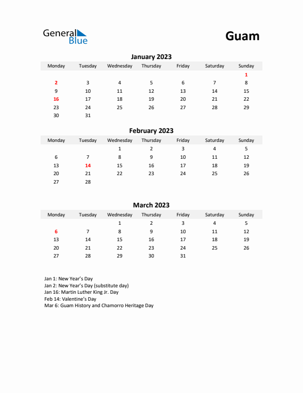 Printable Quarterly Calendar with Notes and Guam Holidays- Q1 of 2023