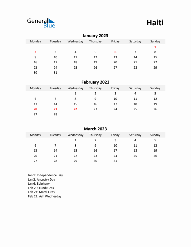 Printable Quarterly Calendar with Notes and Haiti Holidays- Q1 of 2023