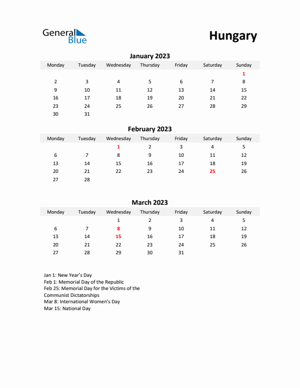 Printable Quarterly Calendar with Notes and Hungary Holidays- Q1 of 2023