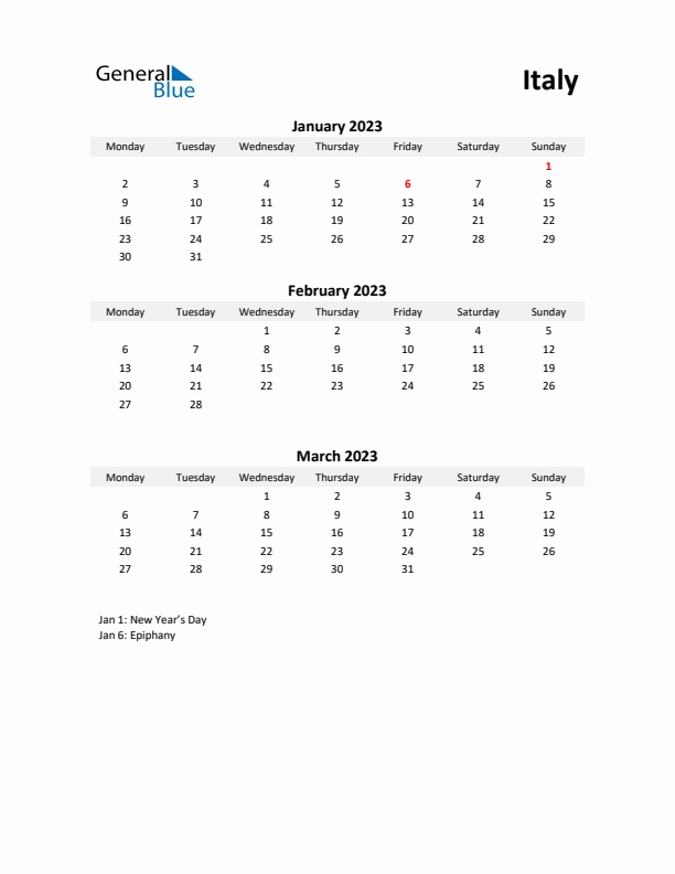 Printable Quarterly Calendar with Notes and Italy Holidays- Q1 of 2023