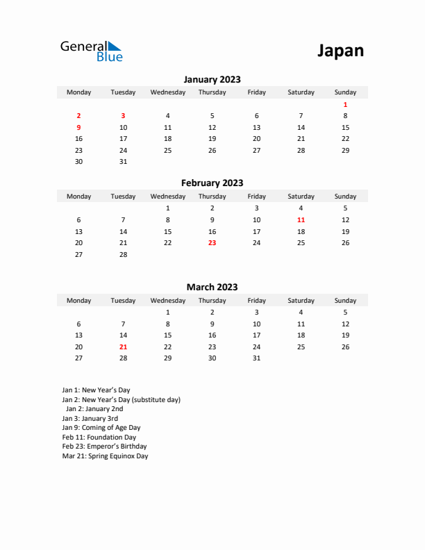 Printable Quarterly Calendar with Notes and Japan Holidays- Q1 of 2023