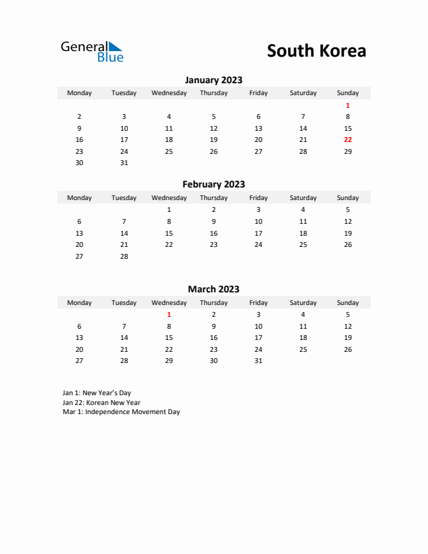 Printable Quarterly Calendar with Notes and South Korea Holidays- Q1 of 2023