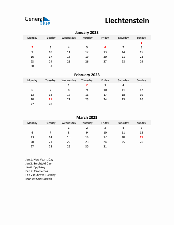 Printable Quarterly Calendar with Notes and Liechtenstein Holidays- Q1 of 2023